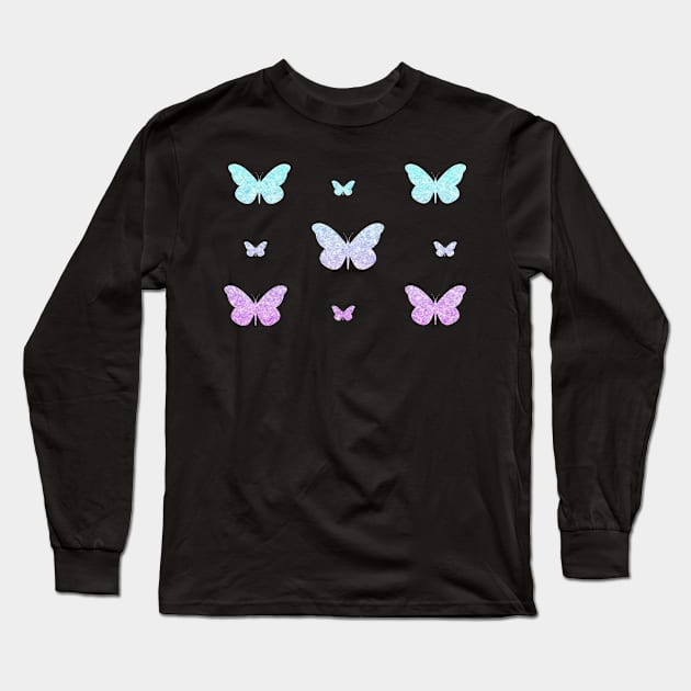 Purple Blue Ombre Faux Glitter Butterflies Long Sleeve T-Shirt by Felicity-K